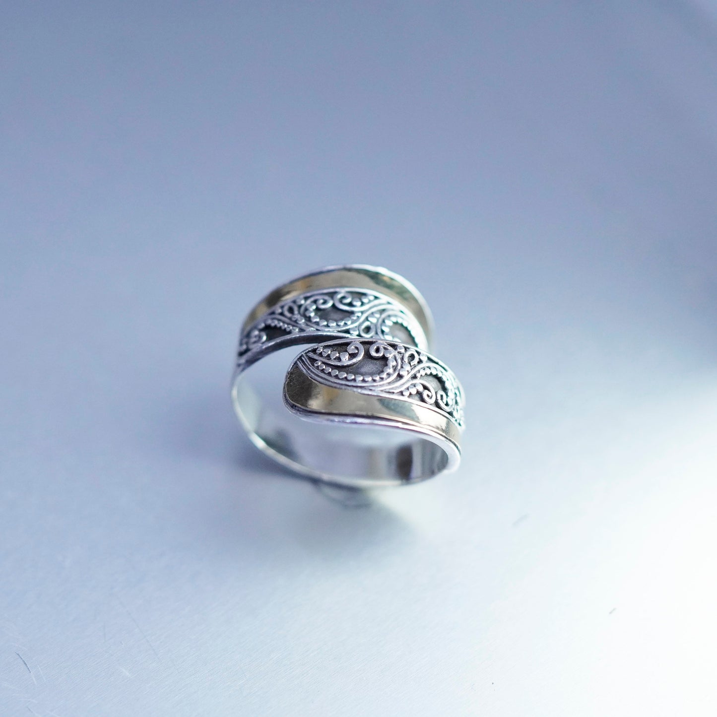 Size adjustable, NF Sterling 925 silver wired beaded ring with 14K gold accent