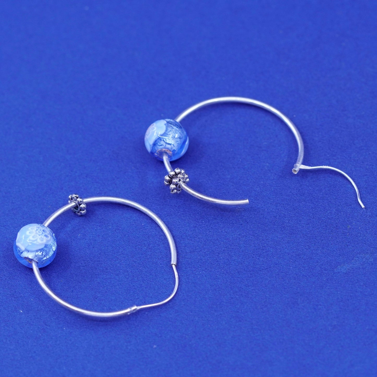 1.25”, Sterling silver handmade earrings, 925 hoops huggie with glass beads