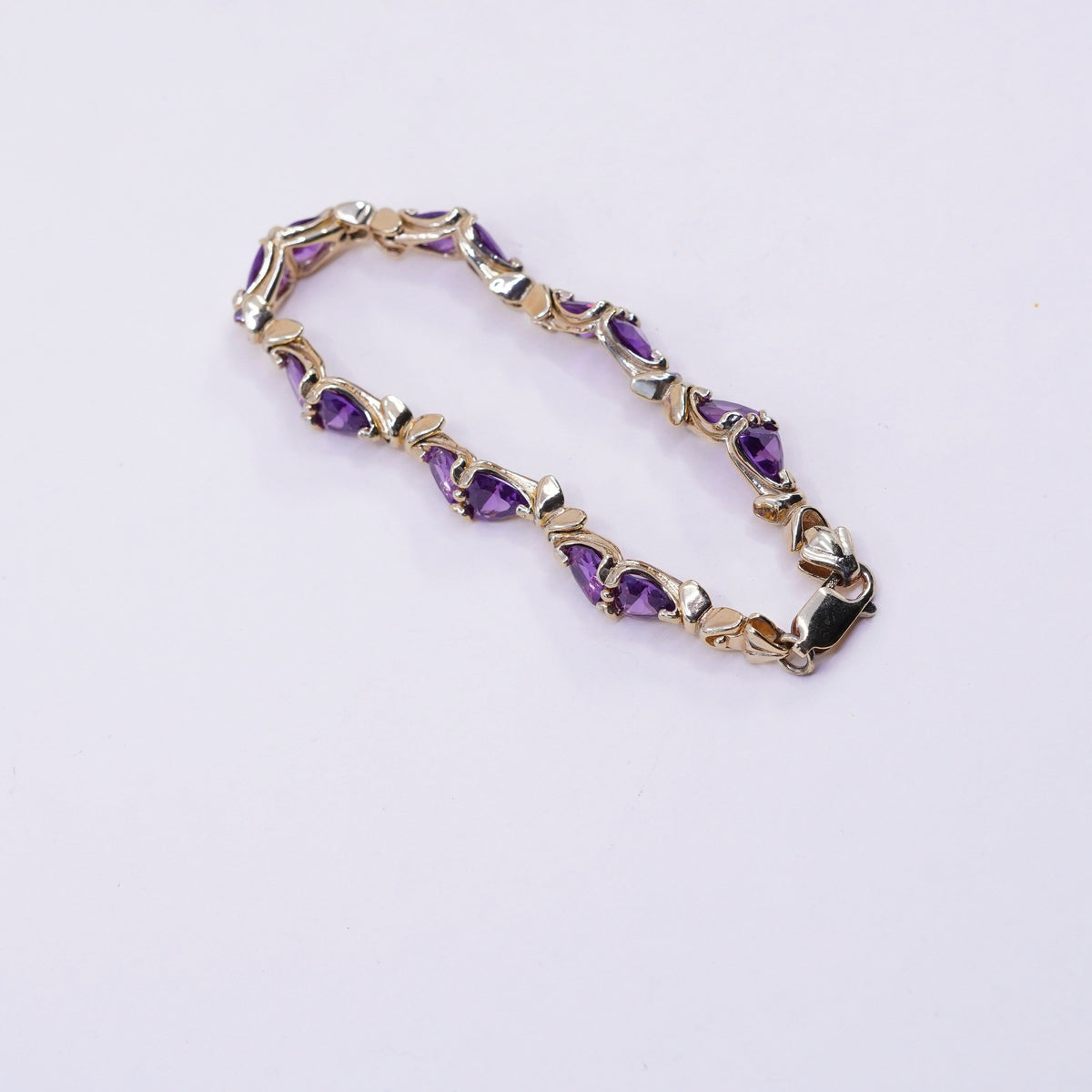 7.25”, vermeil gold Sterling 925 silver tennis bracelet triangular amethyst