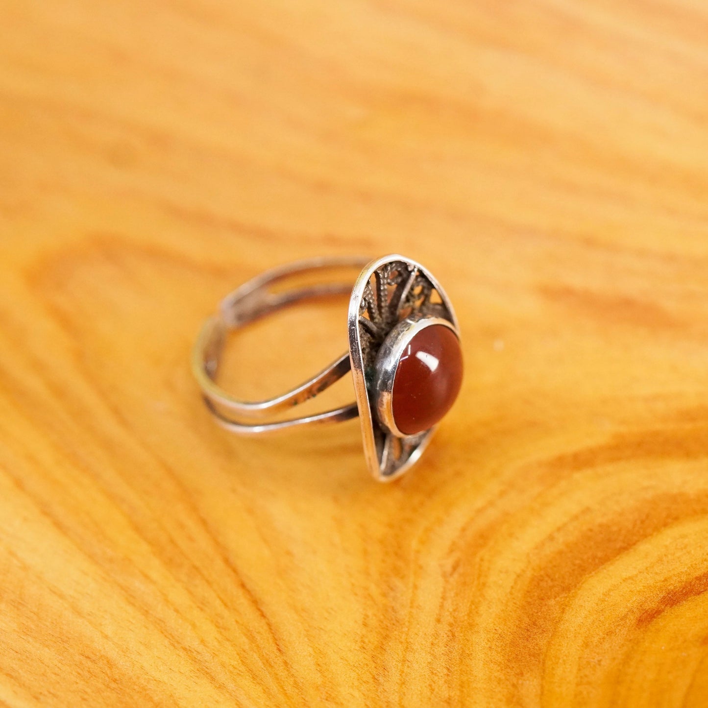 Size adjustable, vintage Sterling silver handmade filigree ring with carnelian