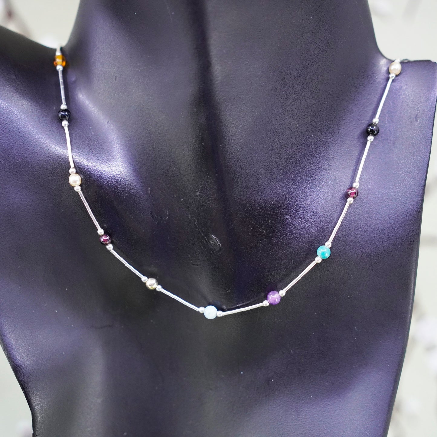 16”, Sterling silver handmade necklace, 925 chain with amethyst gemstones beads
