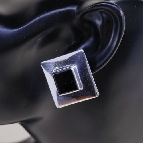Vtg Mexico Square Sterling Silver Clip on Black Obsidian Earrings, Stamped 925