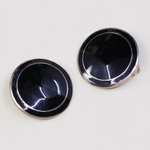 Vtg Norway OPRO Guilloche Enamel Sterling Silver 925 Clip on Black Earrings