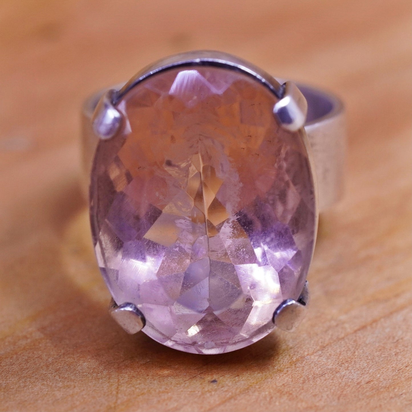 Size 8.25, vintage Sterling 925 silver handmade statement ring with pink quartz