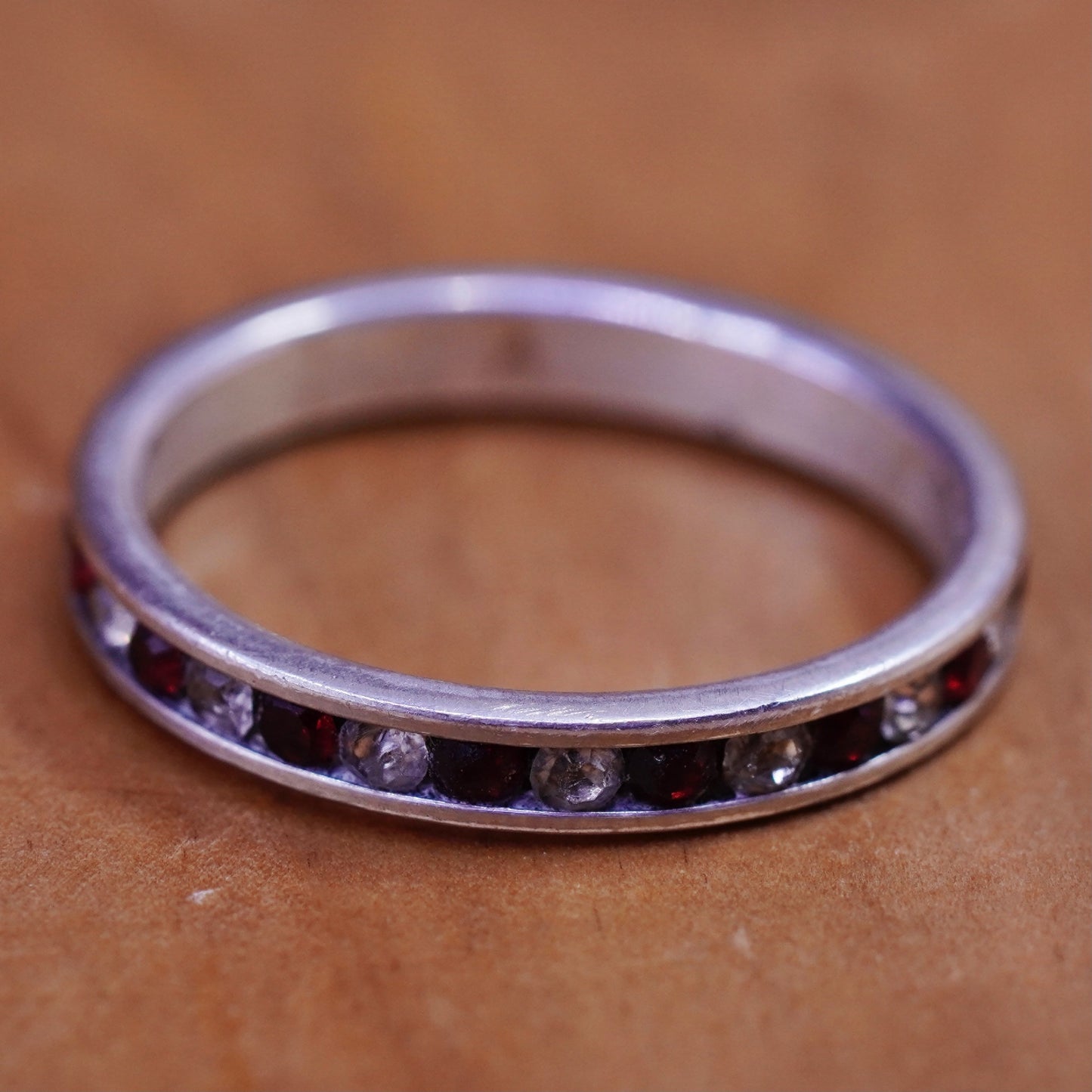Size 7.25, vintage Sterling silver handmade ring, 925 band with ruby and cz