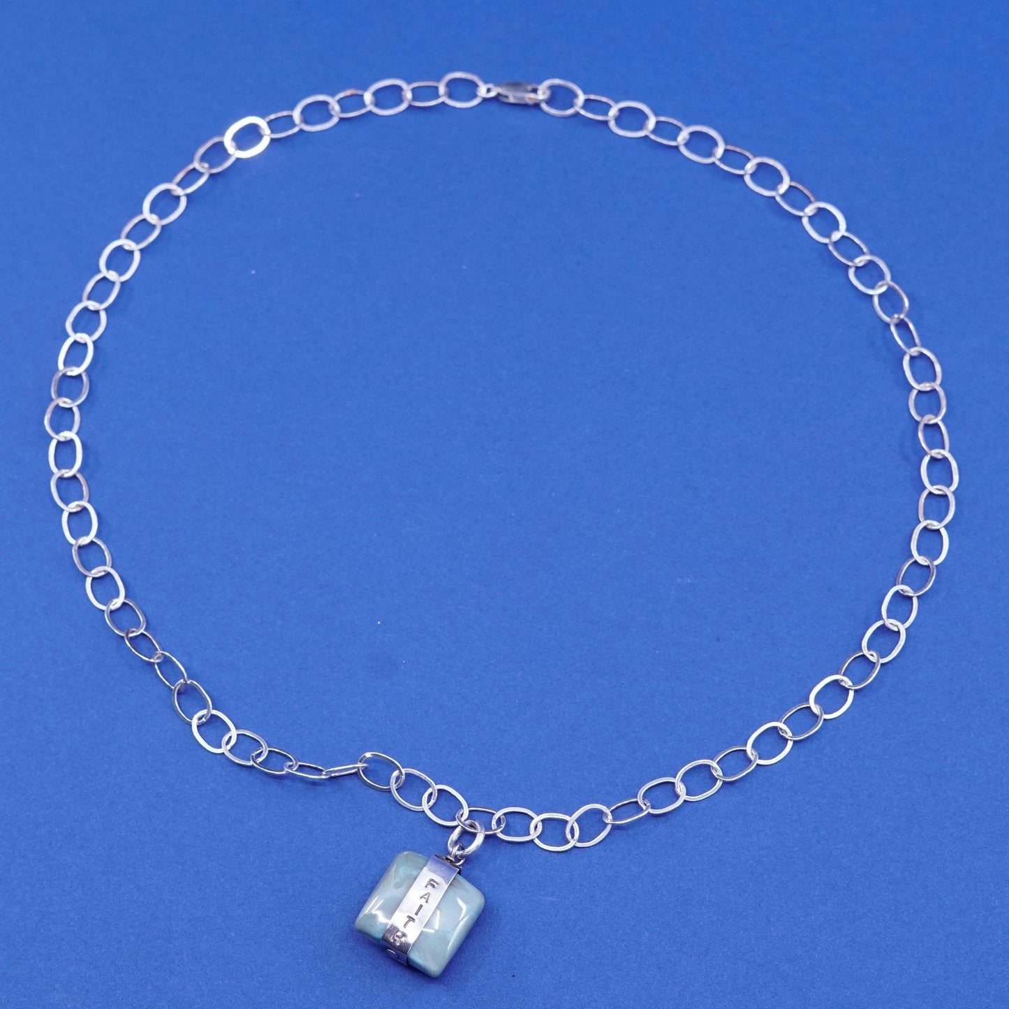 18”, Sterling silver handmade necklace, 925 circle chain w/ jade “faith”