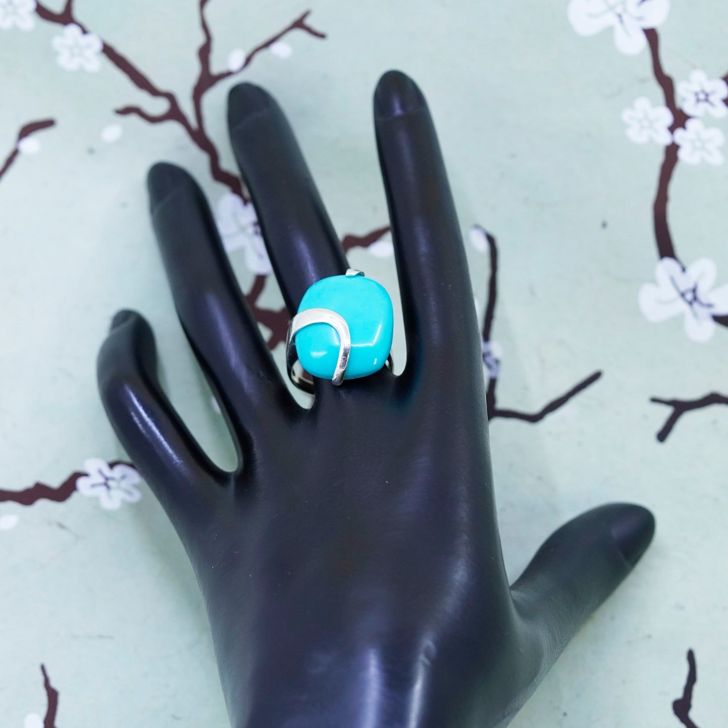 Size 8.5, vintage Sterling silver handmade ring, modern 925 band with turquoise