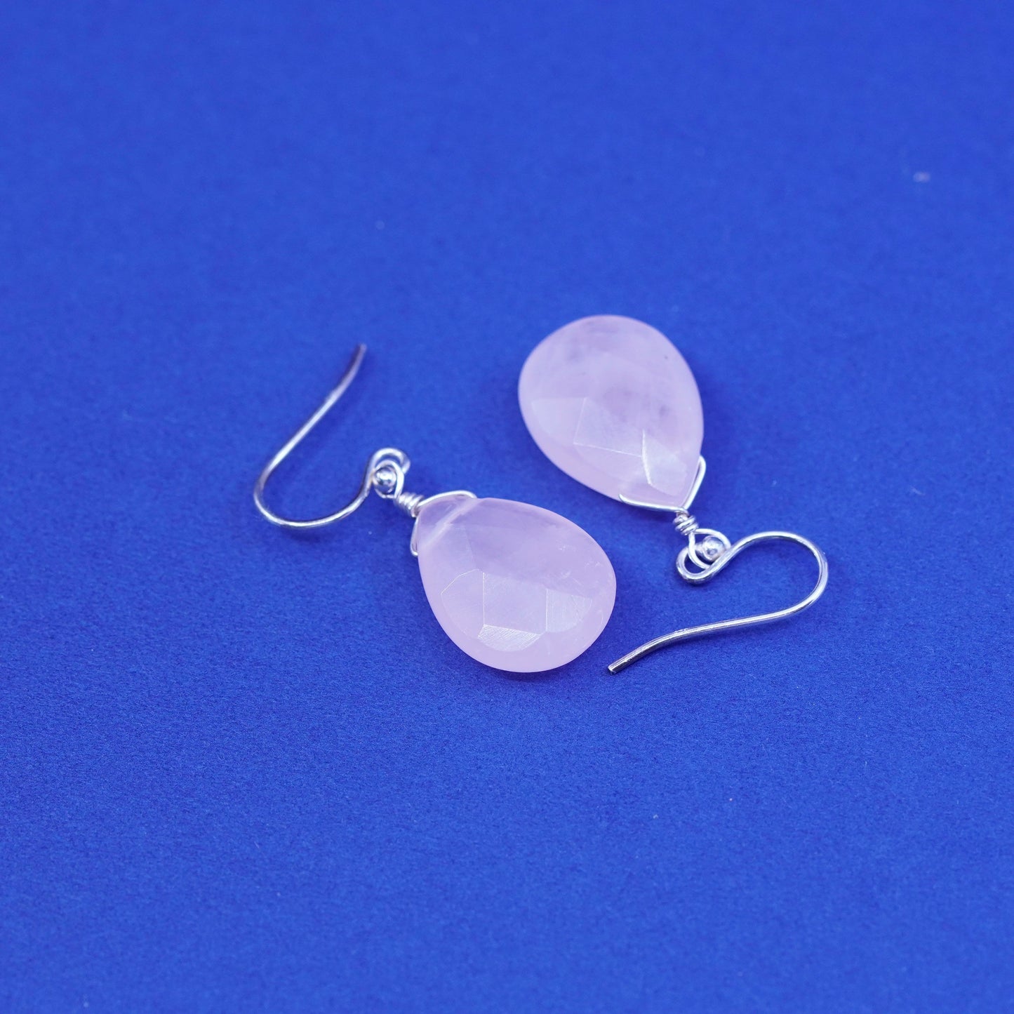 Vintage Sterling 925 silver handmade earrings with teardrop pink quartz Dangles