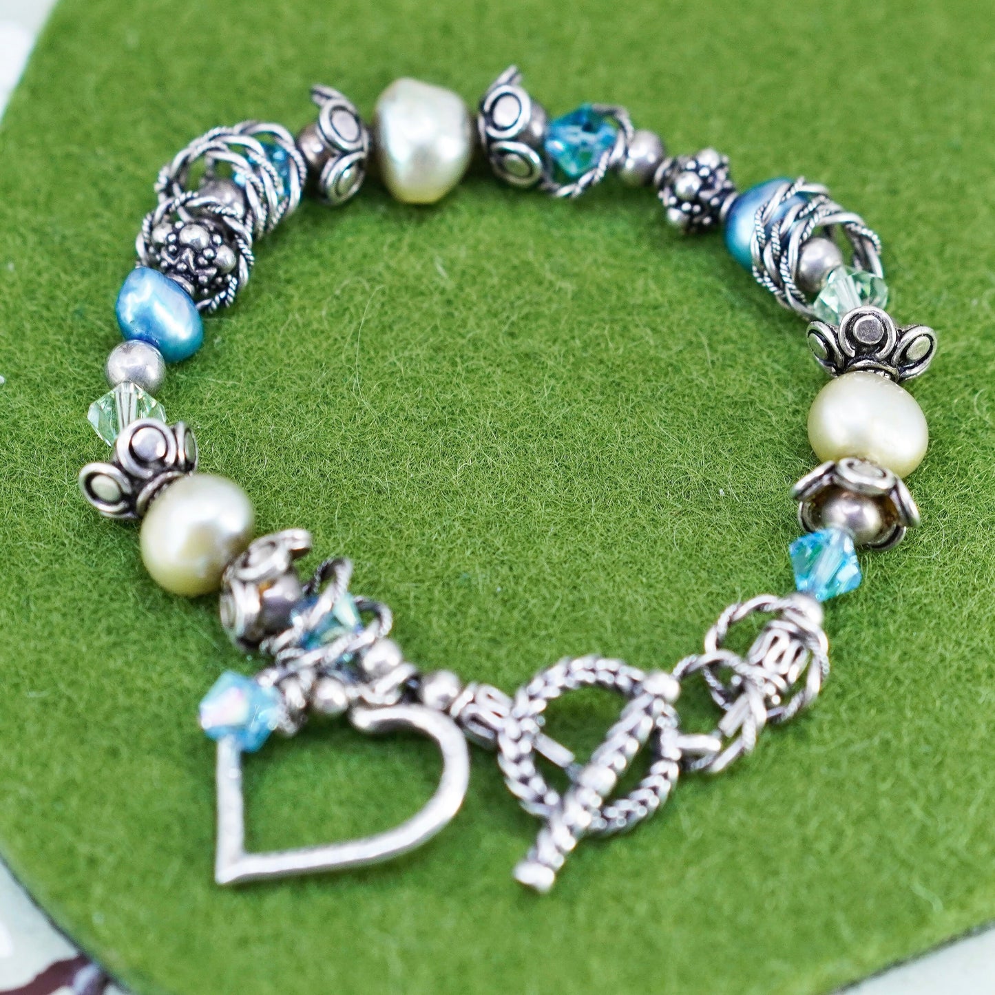 6.75”, Vintage bracelet, pearl crystal w/ sterling 925 silver beads heart charm