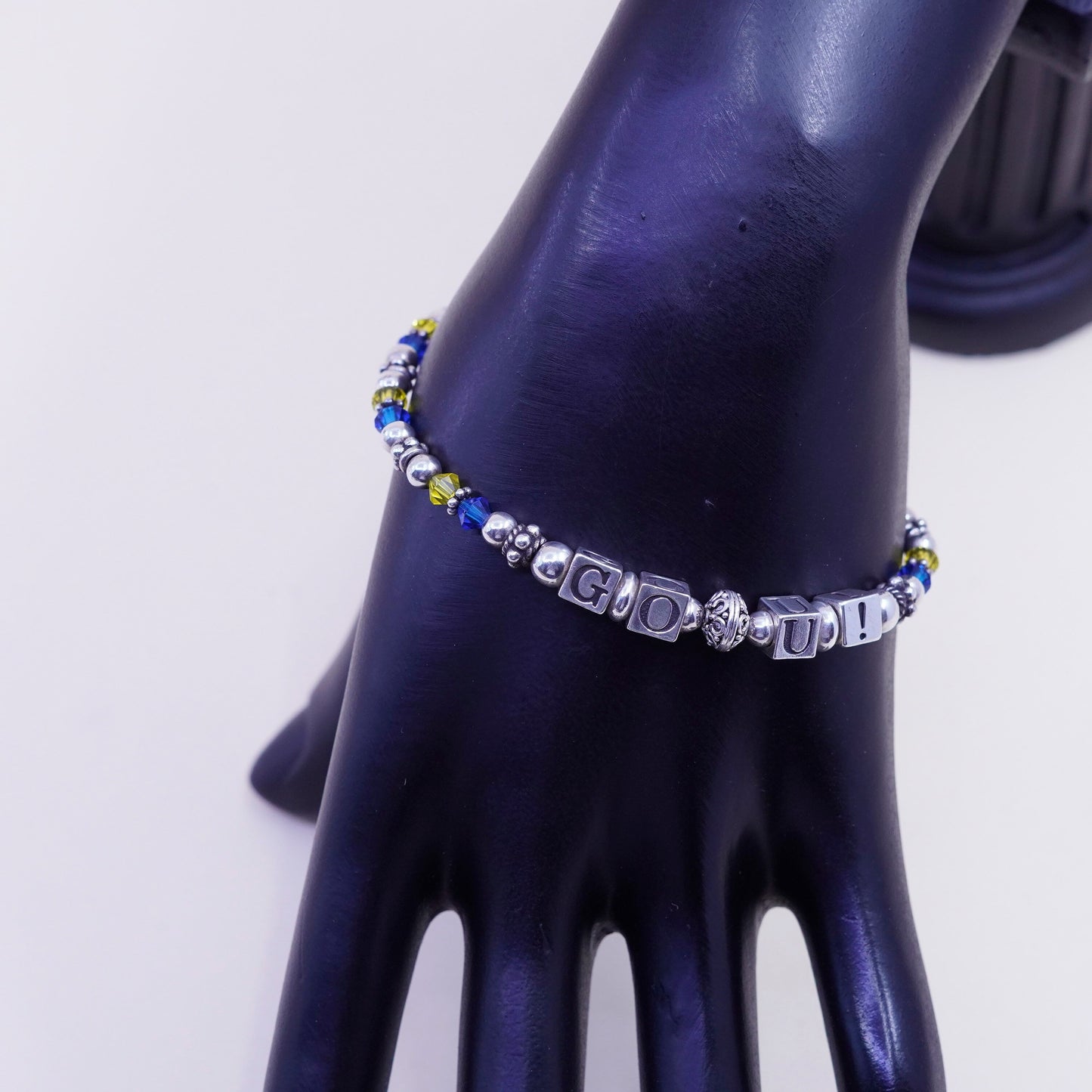 7”, handmade Sterling 925 Silver and crystal beads bracelet with “go, U!” cubes