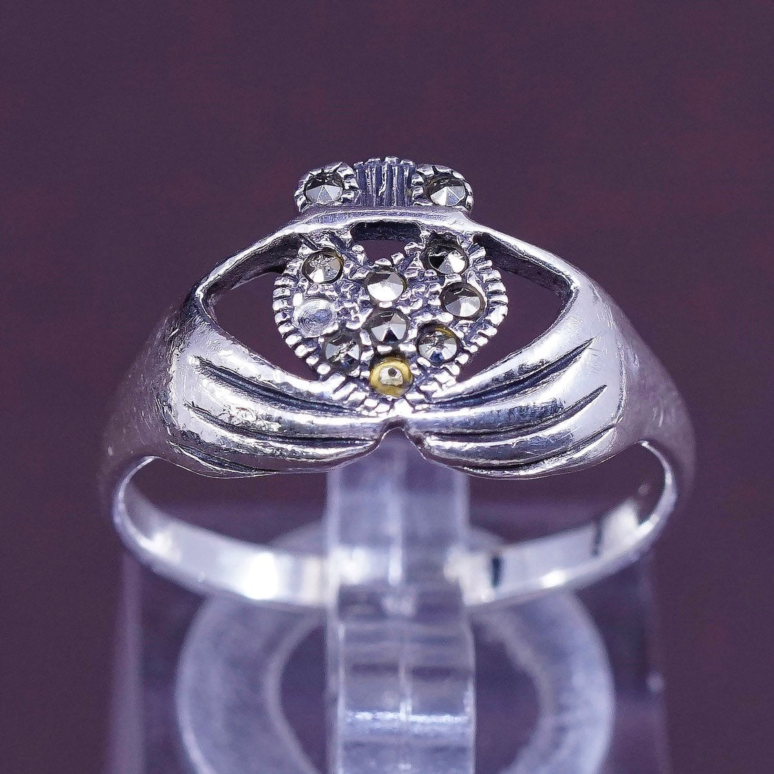 sz 9, sterling silver handmade claddagh ring, holding marcasite heart 925 band