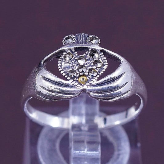 sz 9, sterling silver handmade claddagh ring, holding marcasite heart 925 band