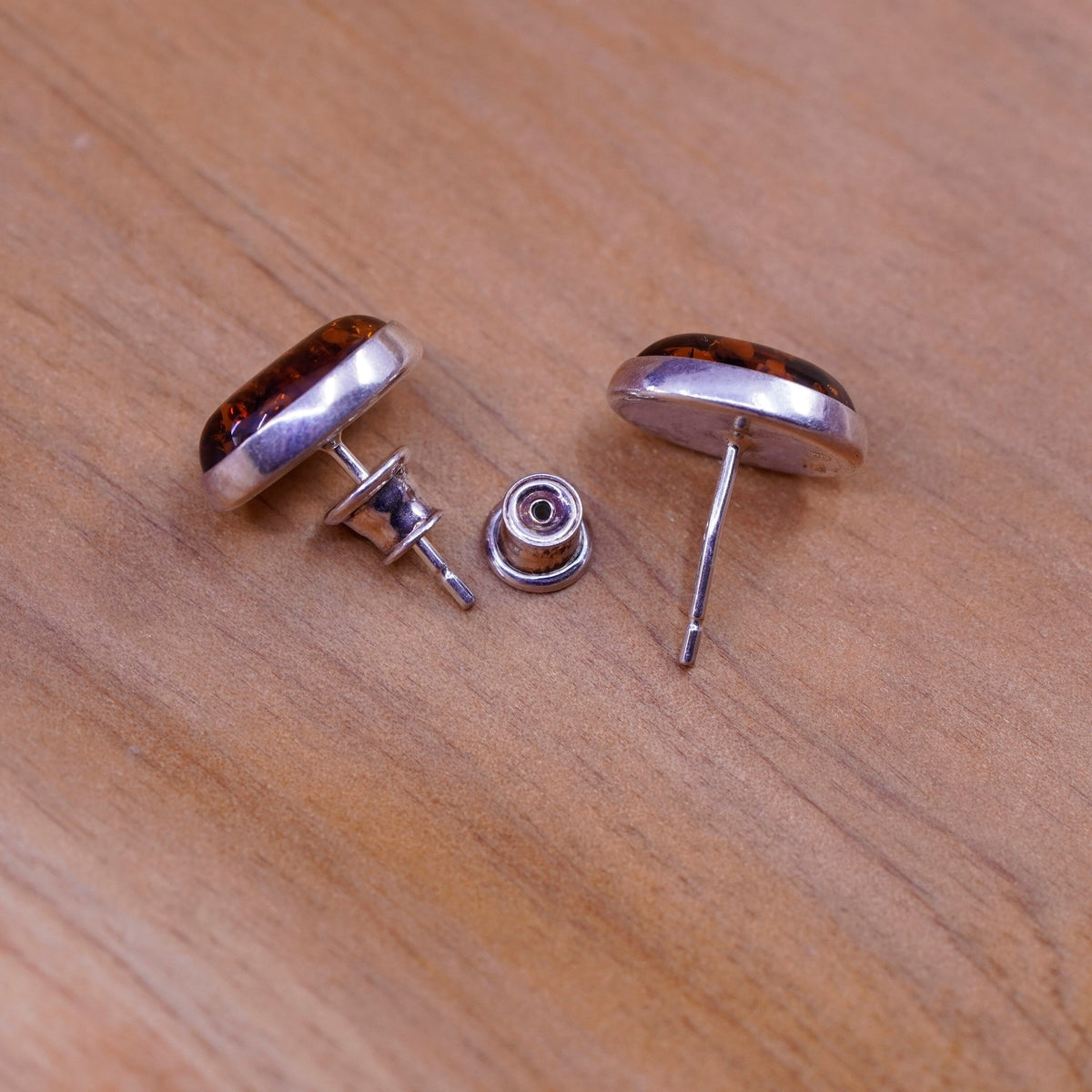 Vintage Sterling 925 silver handmade studs earrings with amber inlay