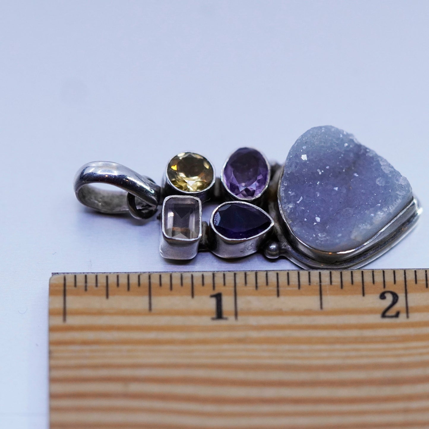 Mexico sterling 925 silver teardrop pendant with amethyst citrine clear druzy