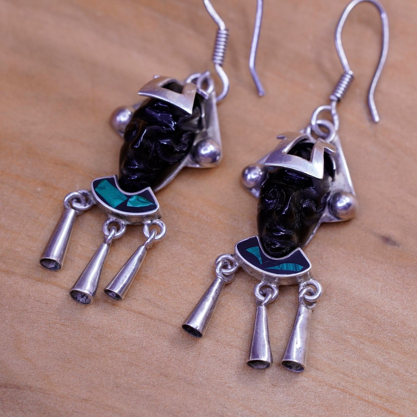 Vintage Sterling 925 silver handmade earrings worrier obsidian teardrop dangles