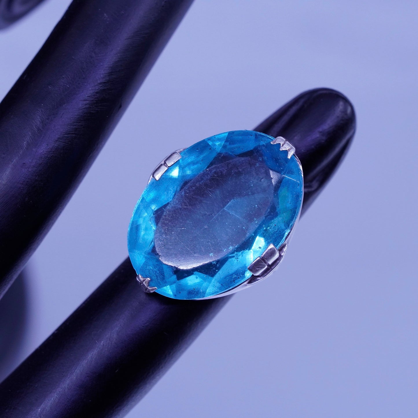 Size 3.5, vintage Sterling 925 silver handmade cocktail ring with blue glass