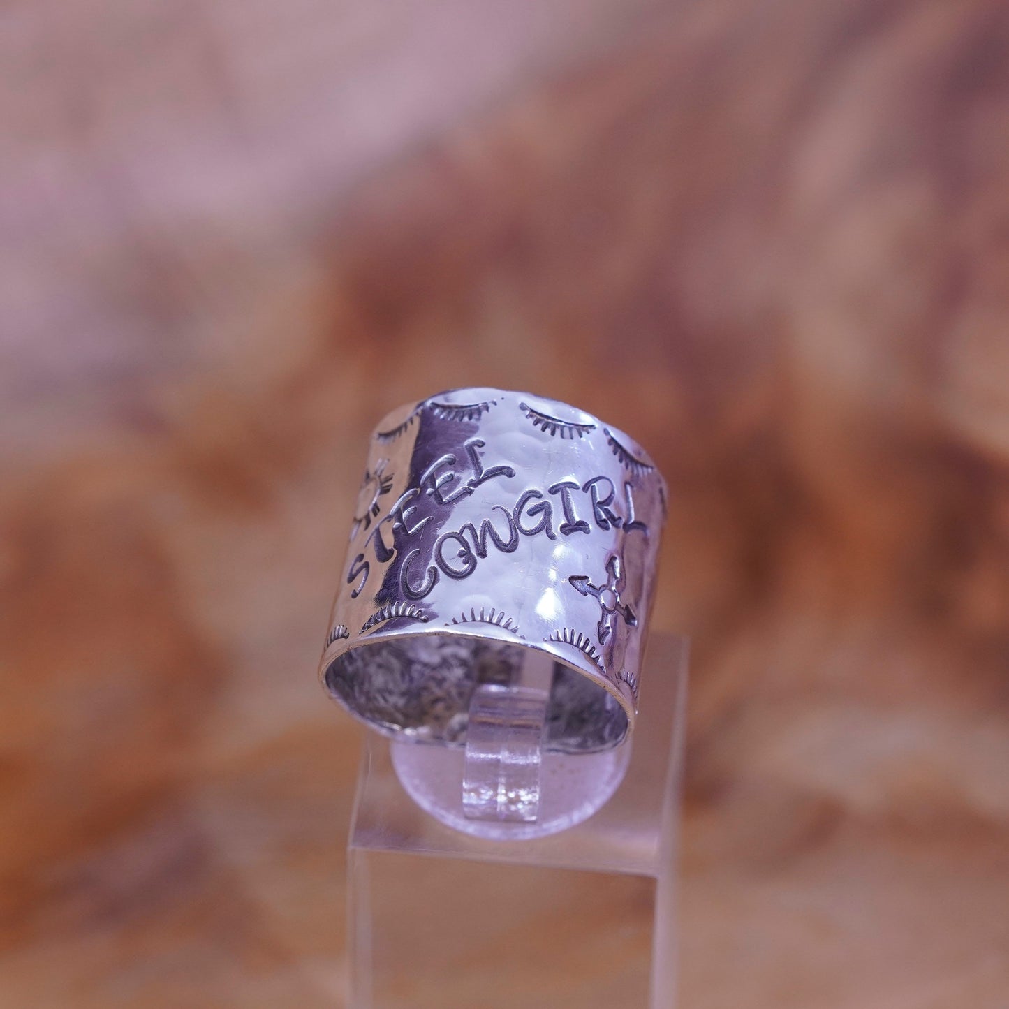 Size 7, Navajo Sterling silver handmade ring, wide 925 band “steel cowgirl”