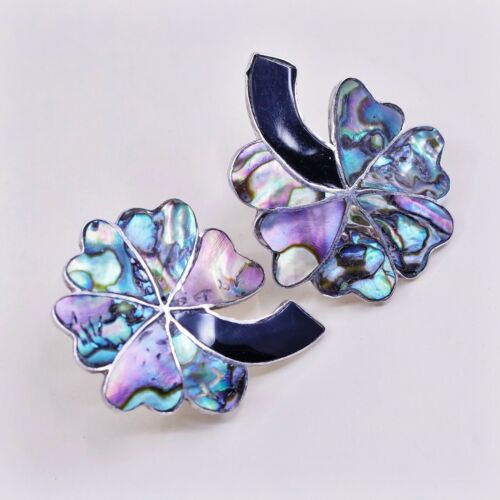 Vtg Taxco Sterling 925 Silver Handmade Screw Back Flower Earrings With Abalone