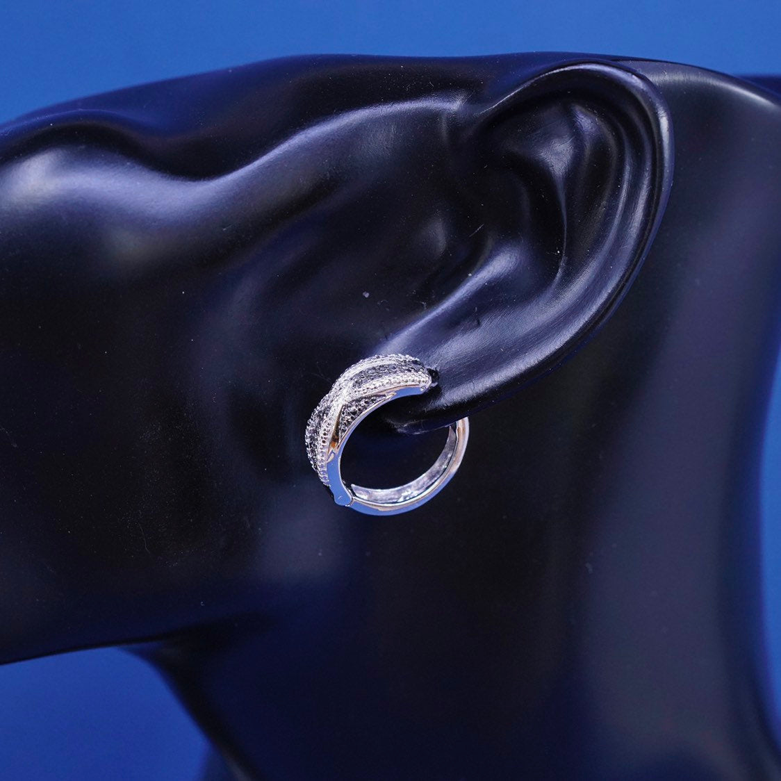 0.75”, vtg JWBR Sterling silver earrings, 925 hoops, huggie w/ diamond