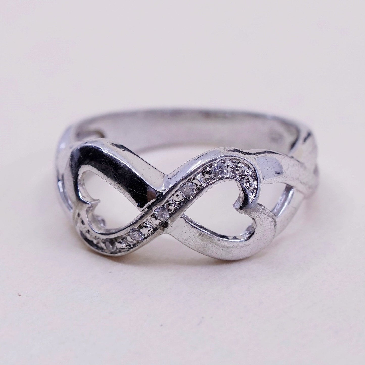 Size 6.25, Vintage sterling silver handmade ring, 925 heart band with Cz around
