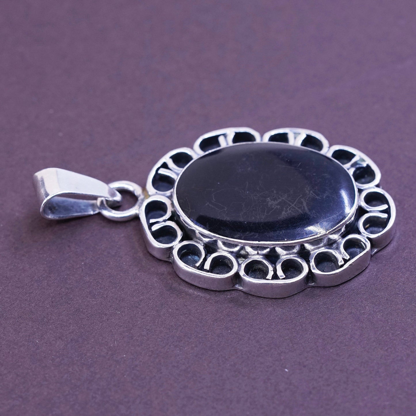 vtg Sterling silver handmade pendant, Mexico 925 w/ oval obsidian, black onyx