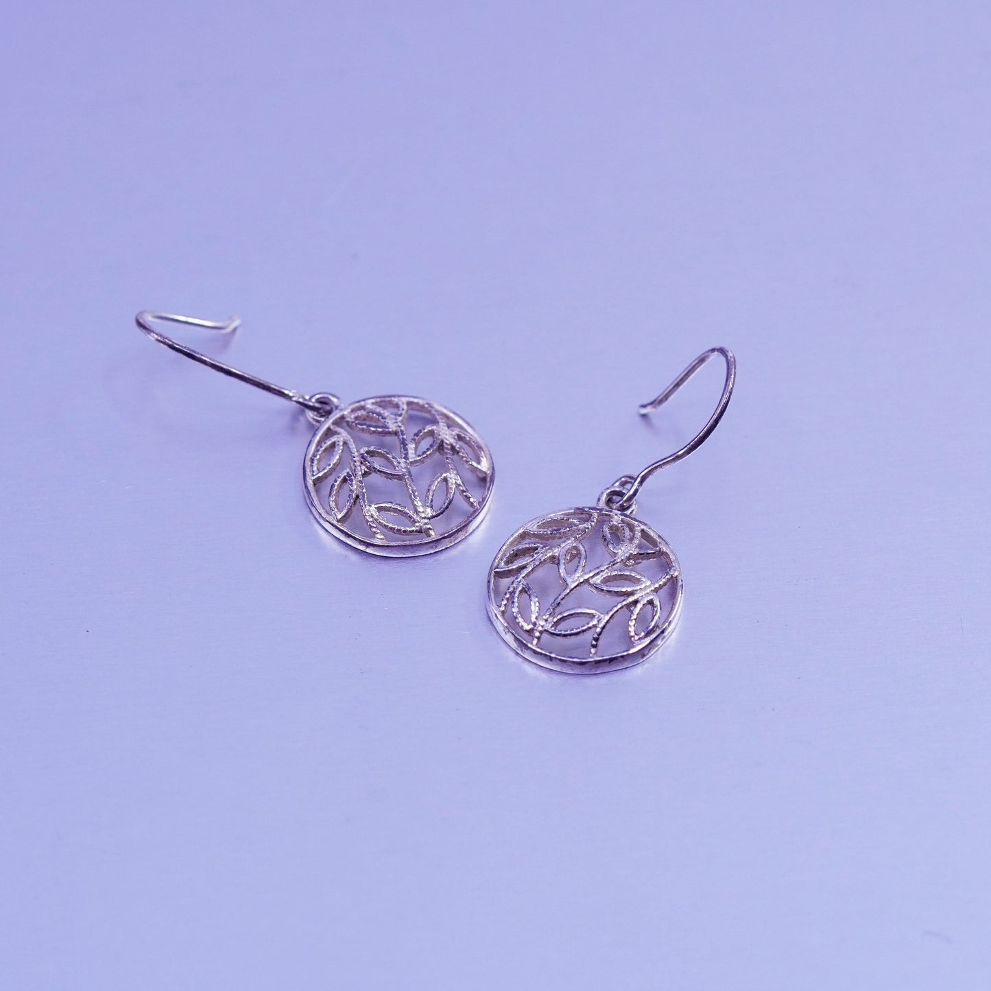 vintage Sterling silver handmade earrings, 925 circle dangles with leaves