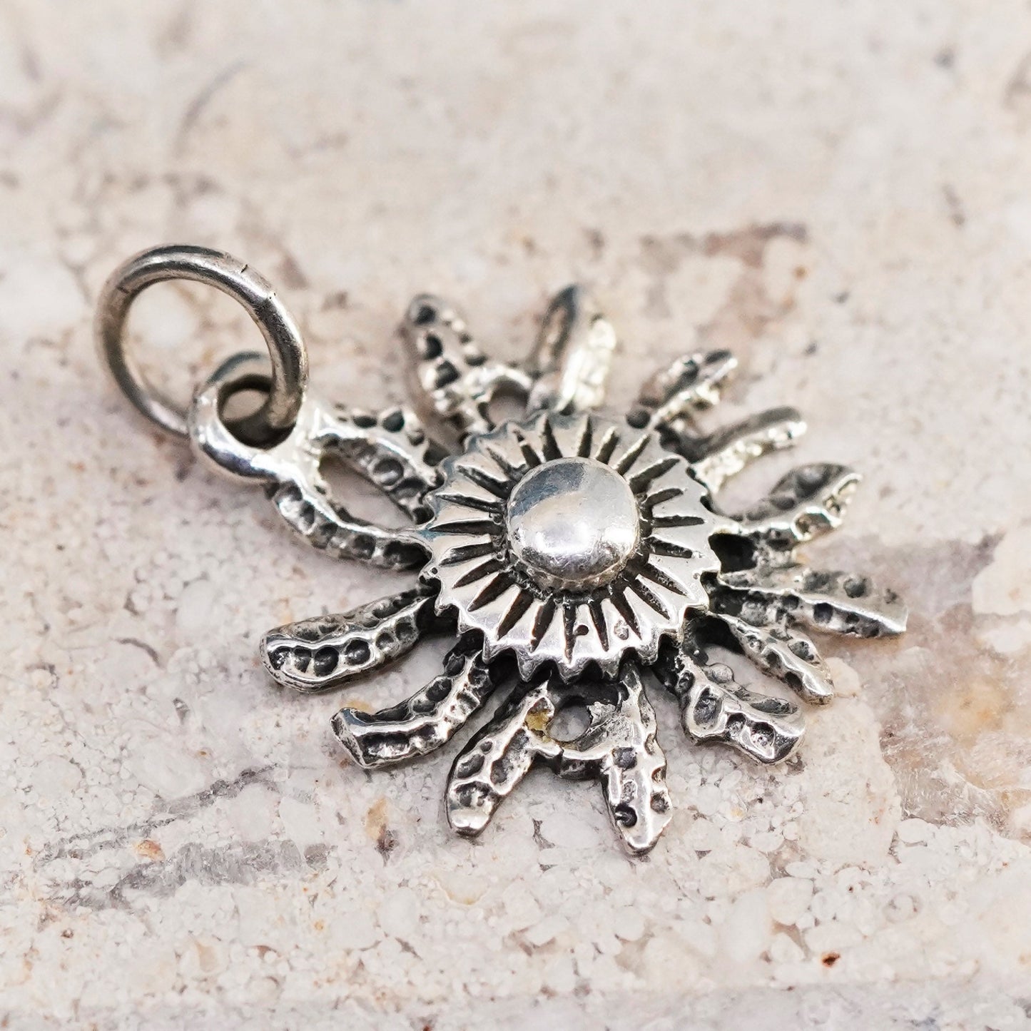 Vintage Sterling silver handmade pendant, 925 sunflower flower charm