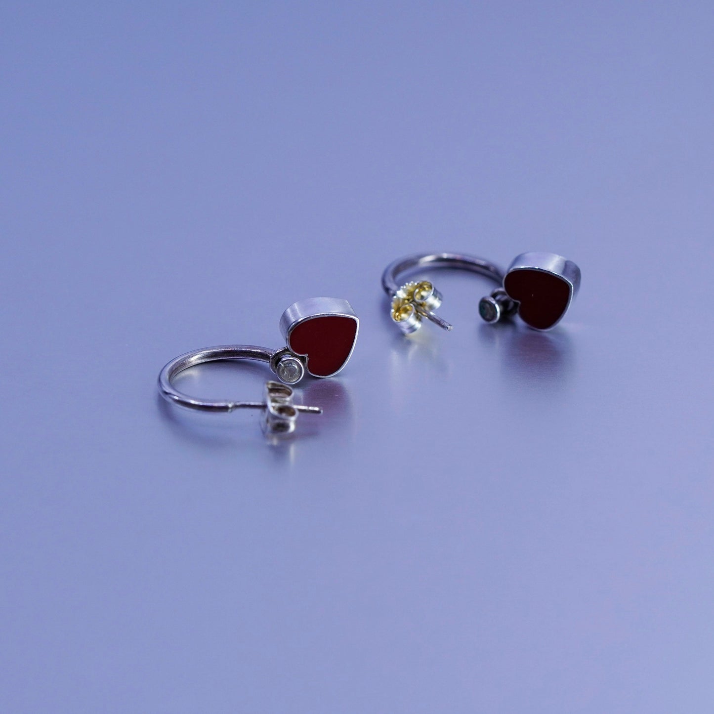 0.75”, two tone Sterling silver earrings, 925 hoops with onyx heart charms