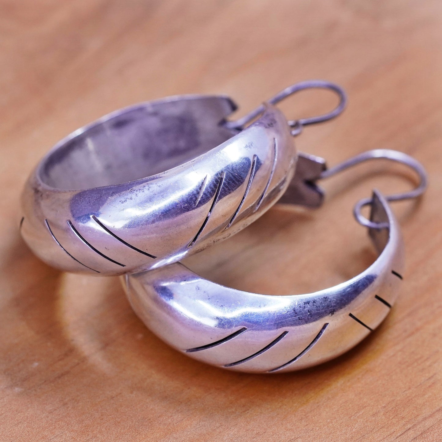 1.5”, Vintage Sterling silver handmade earrings, 925 textured hoops