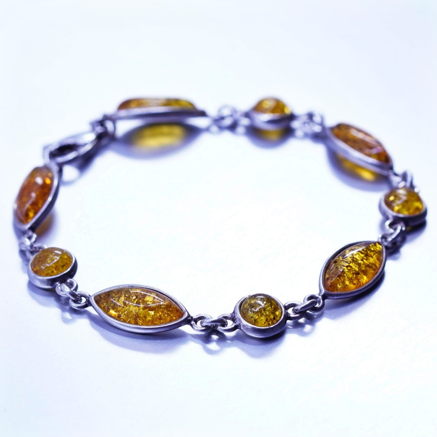 6.75”, Sterling 925 silver handmade tennis bracelet chain with marquise amber