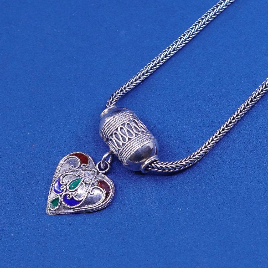 18”, sterling silver handmade necklace 925 wheat chain w/ enamel heart pendant