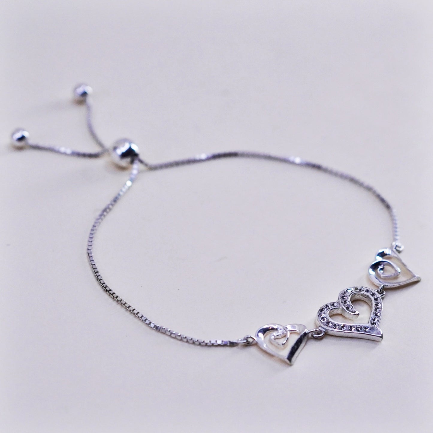 Size adjustable, sterling silver bracelet, fine 925 box chain heart and cz