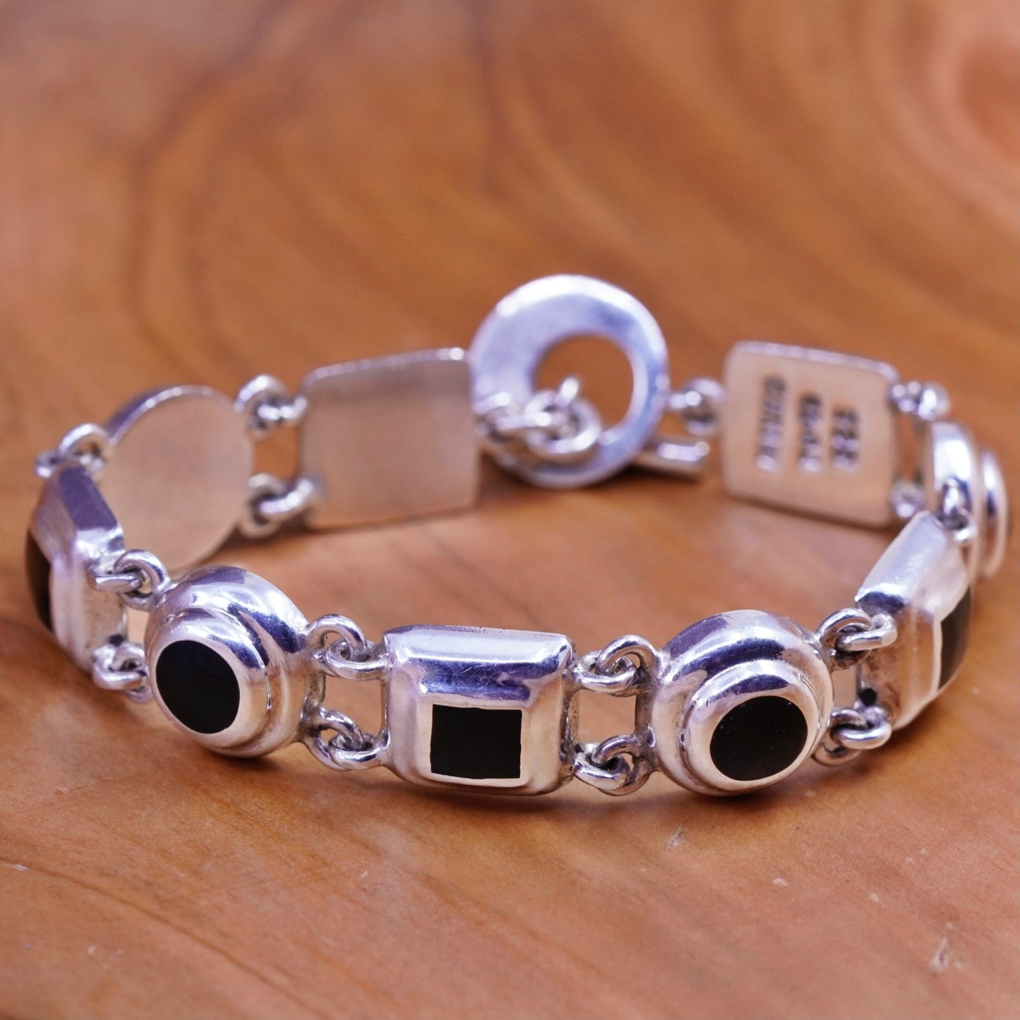 7”, Sterling silver handmade bracelet, Mexico 925 circle square chain with onyx