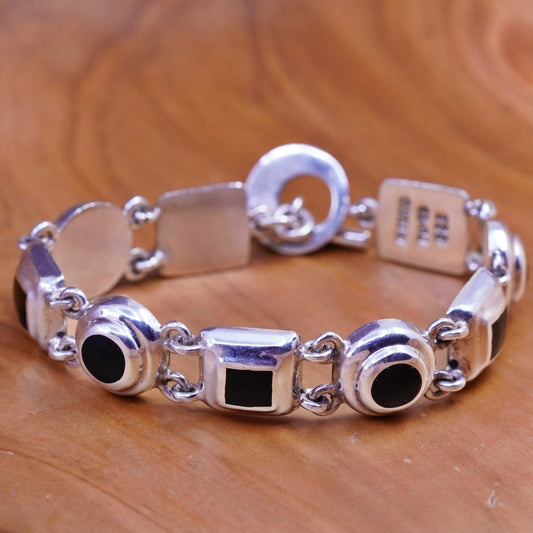 7”, Sterling silver handmade bracelet, Mexico 925 circle square chain with onyx