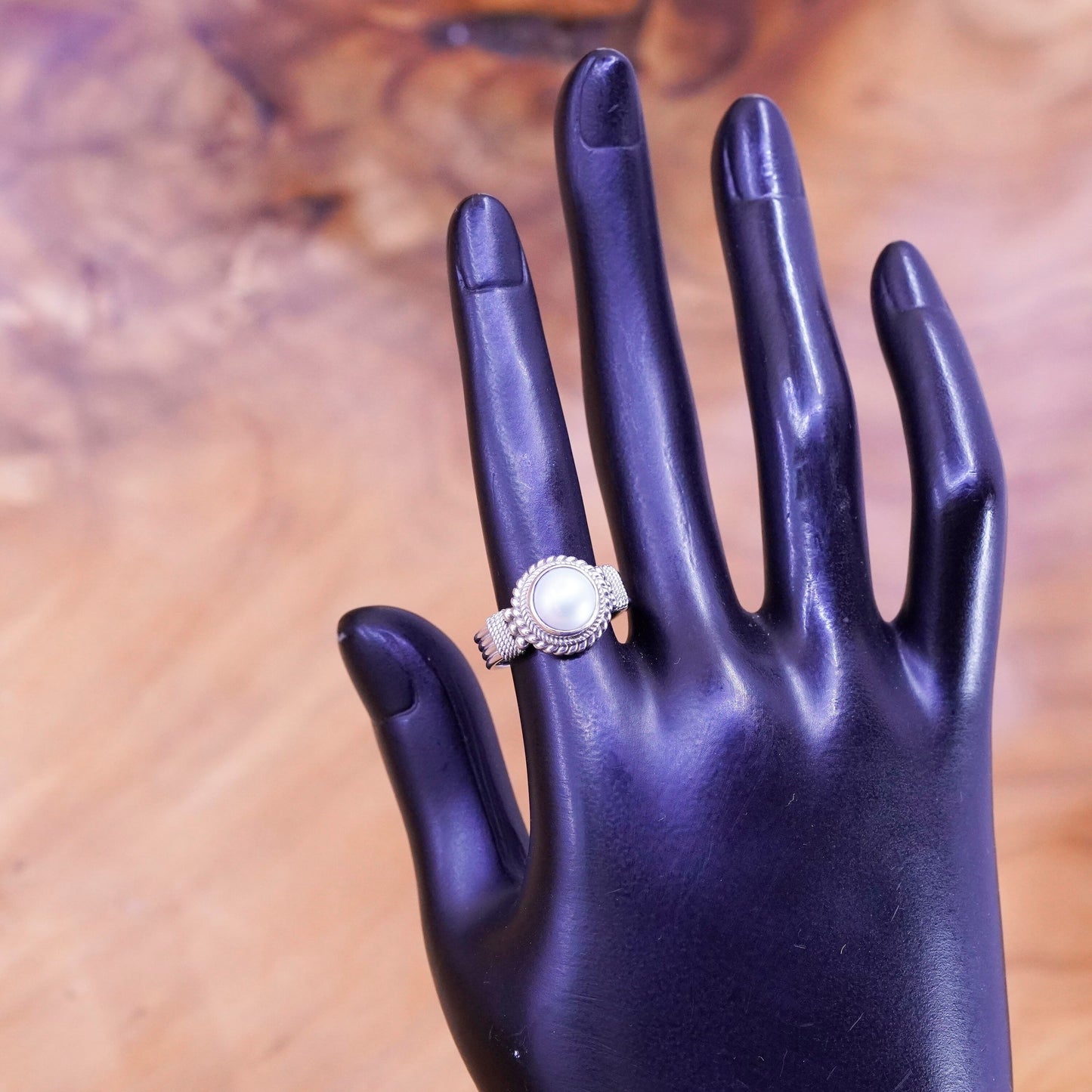 Size 6.5, vintage Sterling 925 silver handmade Pearl Ring with beads and cable