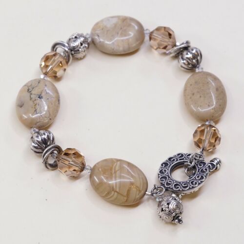 7”, Vtg Sterling Silver Handmade Bracelet 925 W/ Agate Beads N Toggle Closure