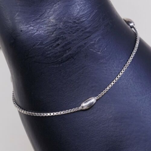 9”, 1mm, Vtg Sterling Silver bracelet, 925 Italy Box chain W/ Beads, Stamped 925