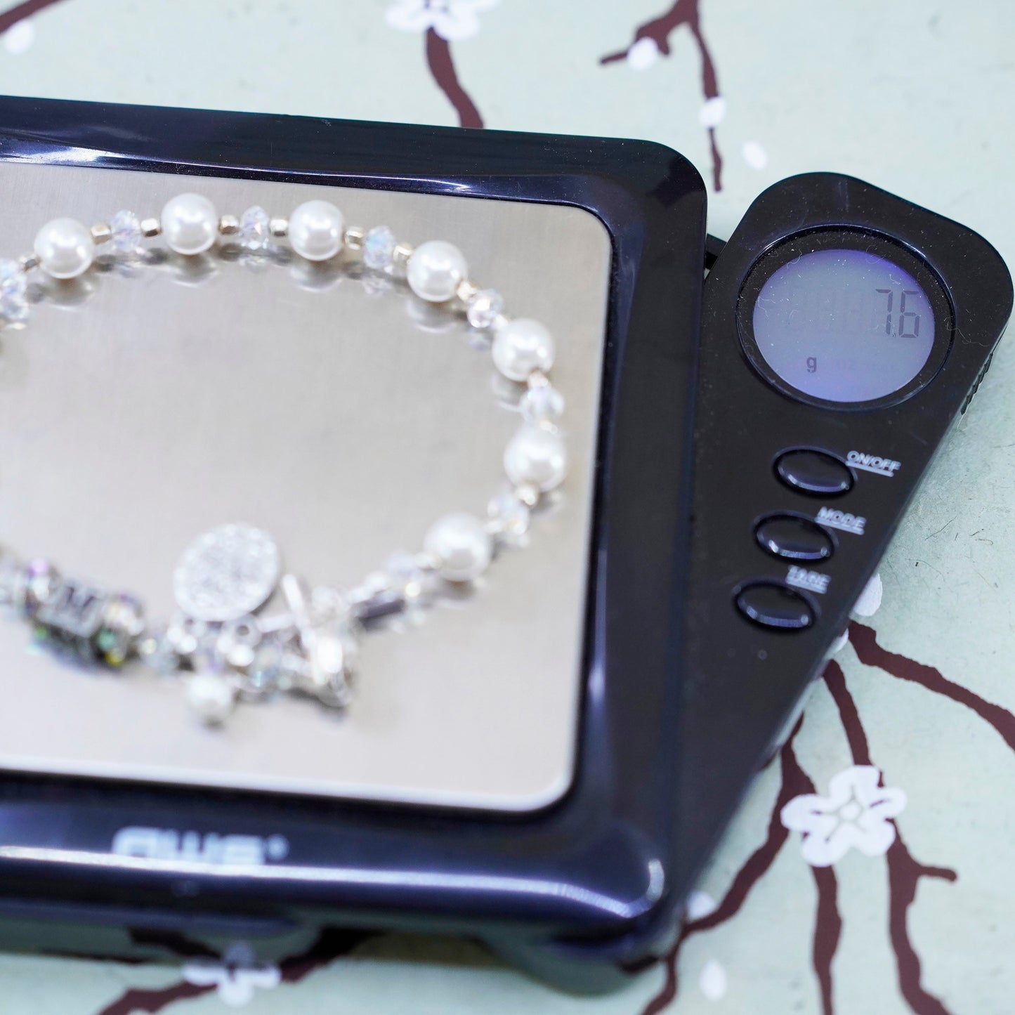 6.75”, handmade bracelet, freshwater pearl with 925 Virgin Mary Jesus charm