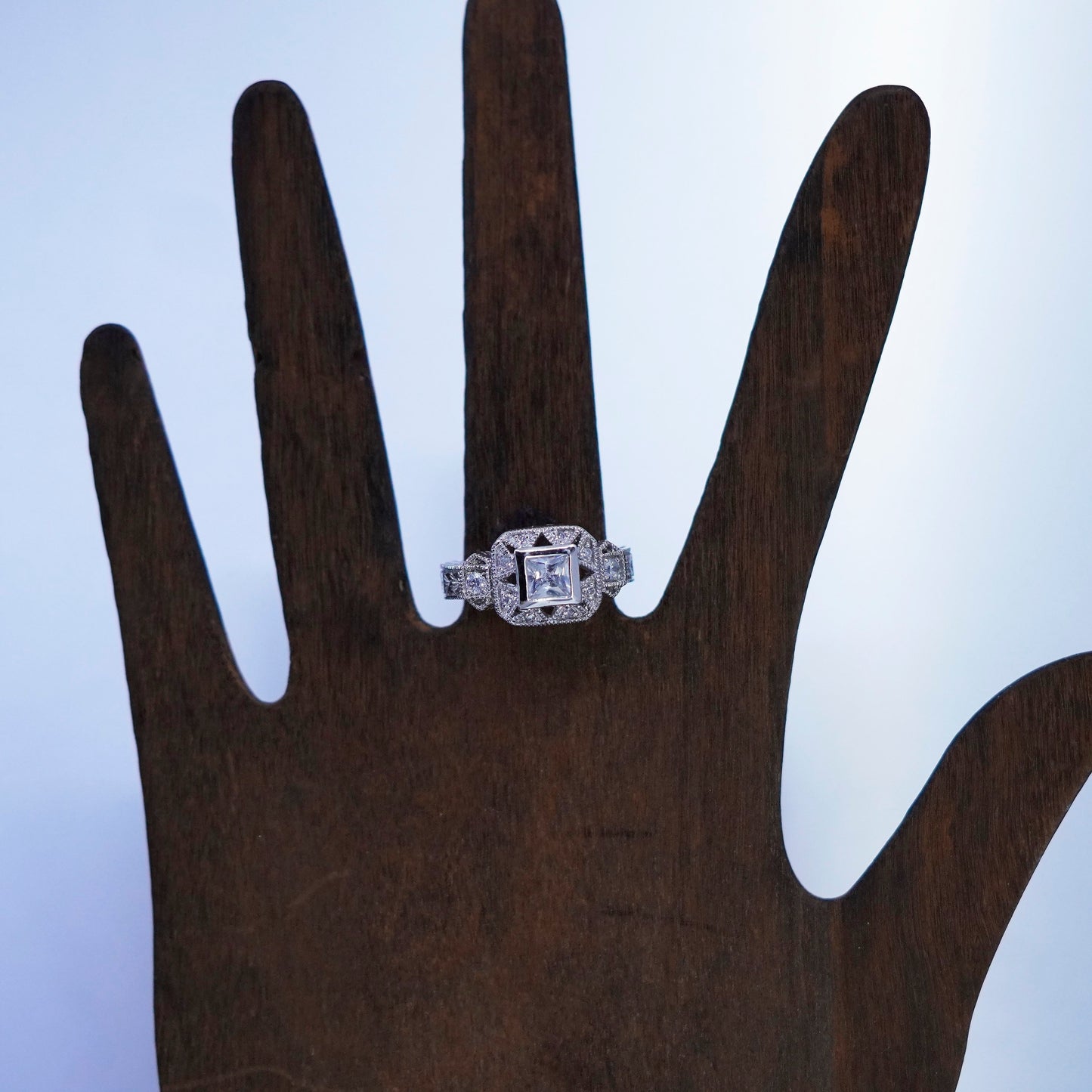 Size 7.25, vintage Sterling 925 silver handmade engagement ring with cluster Cz