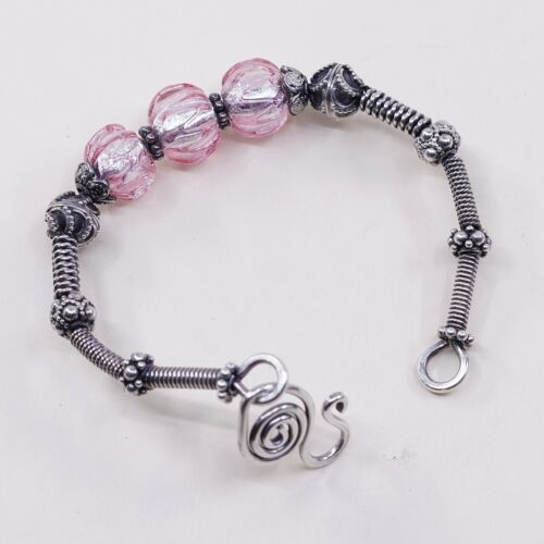 6.75”, Mexico Sterling 925 Silver Handmade Hinged Bangle W/ Pink Foiled Glass