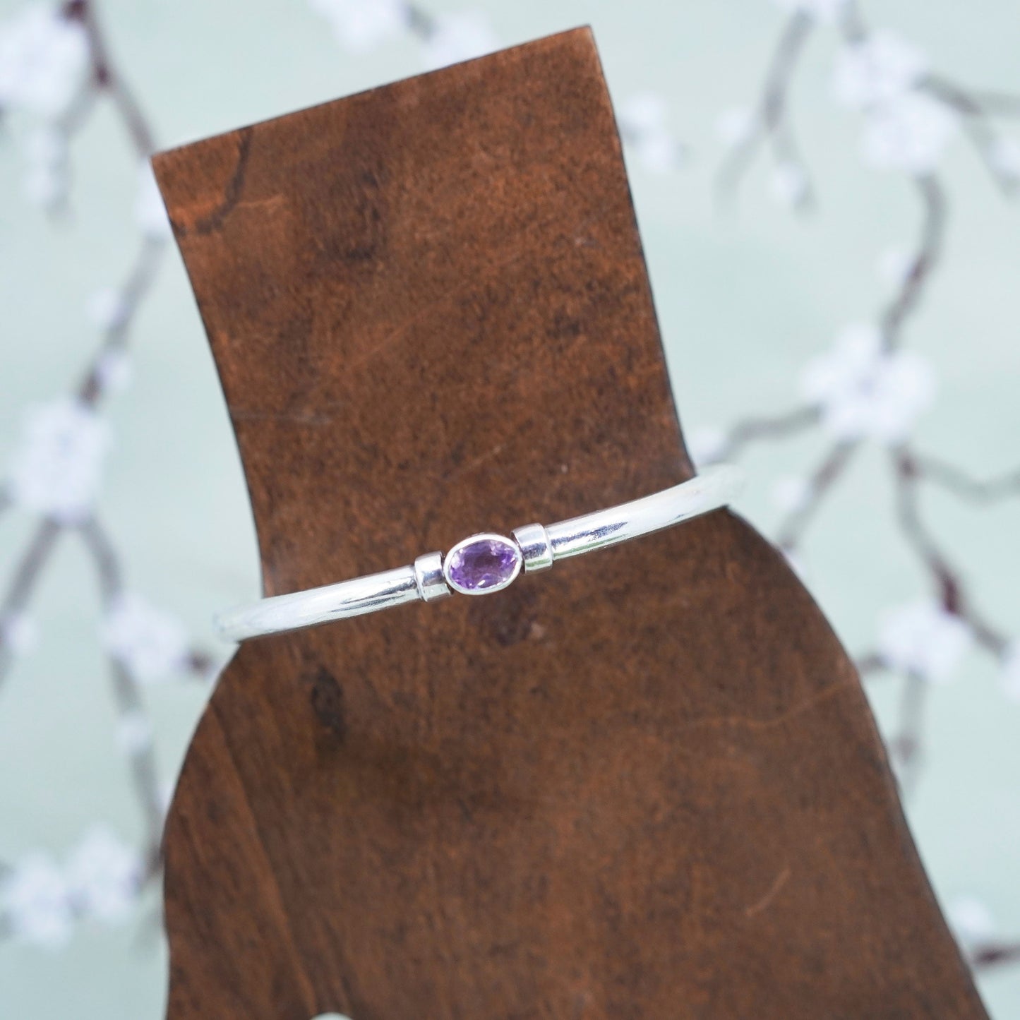 7.75”, vintage Italian Sterling silver bracelet, 925 bangle with amethyst