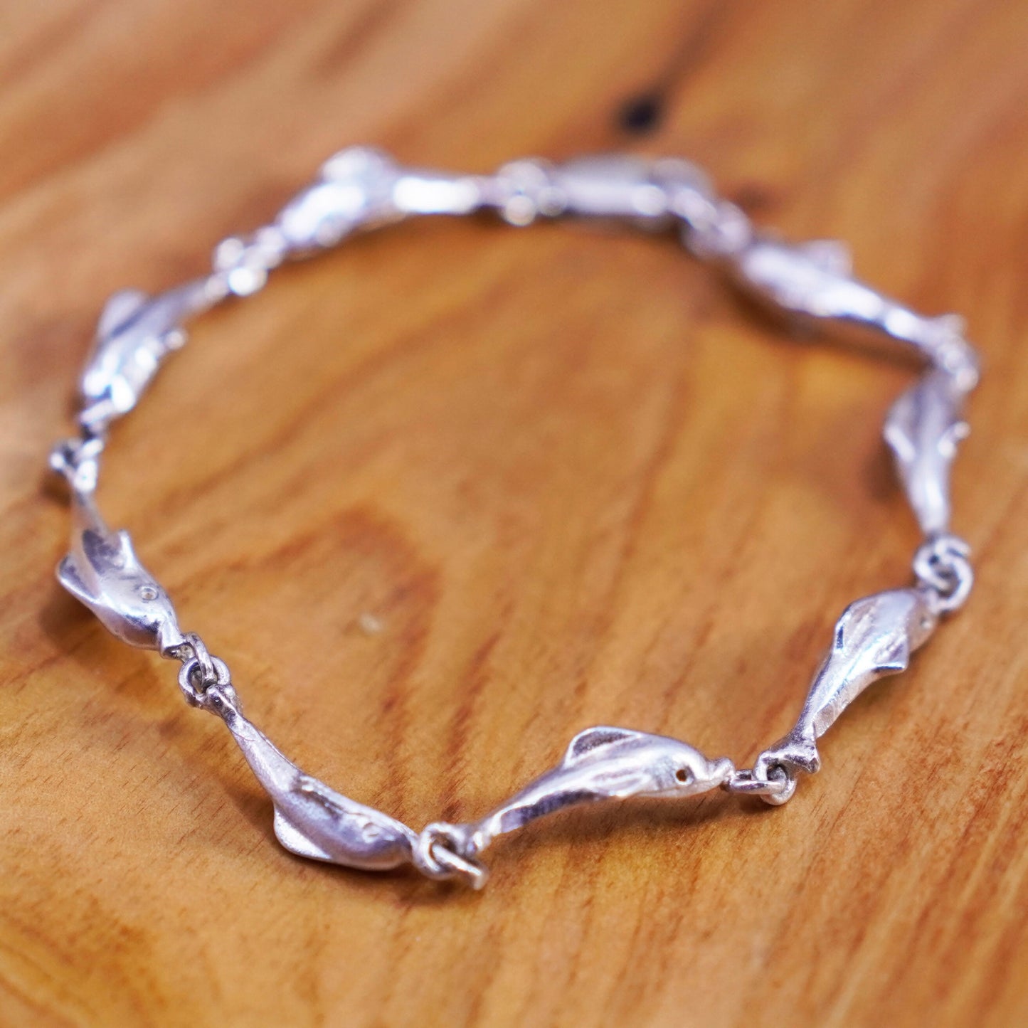 7.5”, vintage sterling 925 silver handmade bracelet, dolphin chain