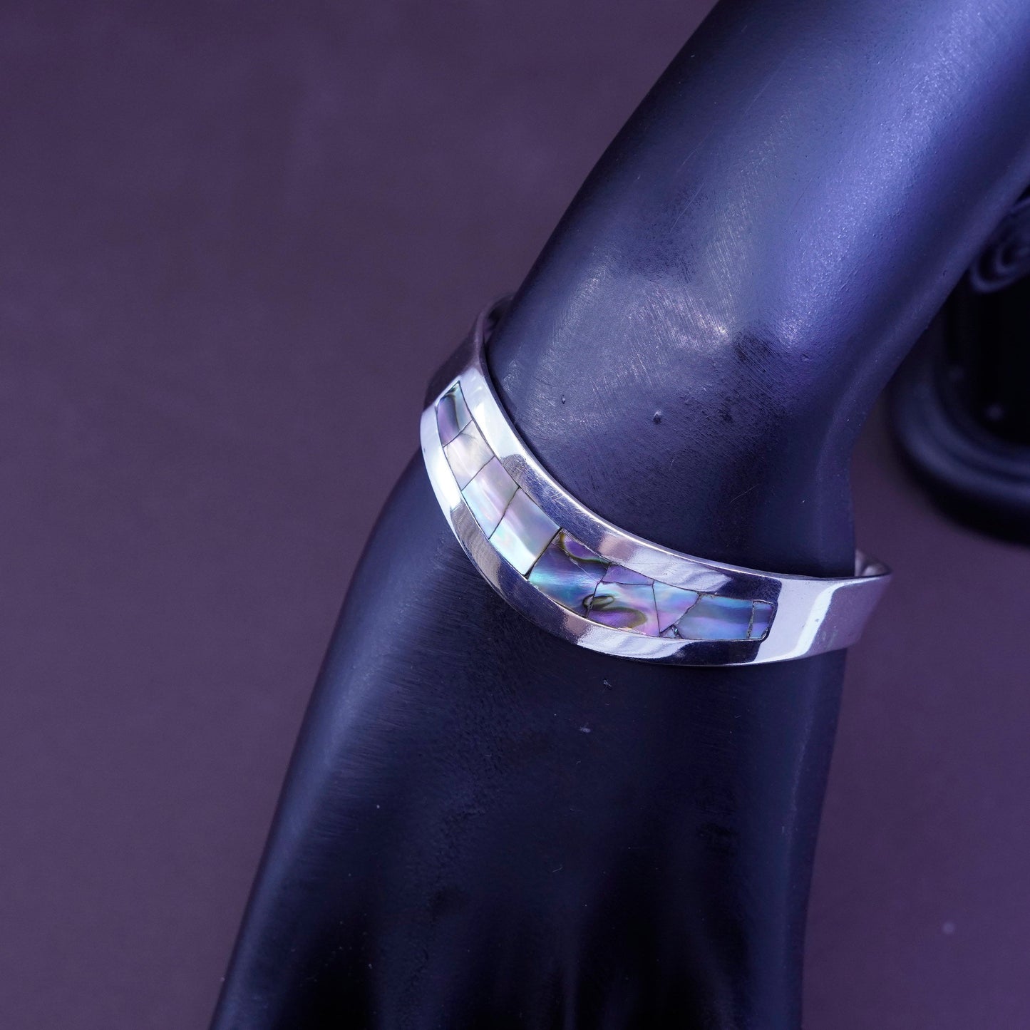 6.25”, Vintage handmade bracelet, alpaca silver with abalone Inlay