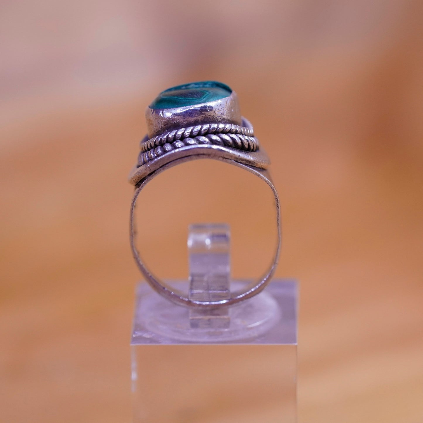 Size 5.5, vintage Mexico Sterling 925 silver handmade ring band with malachite