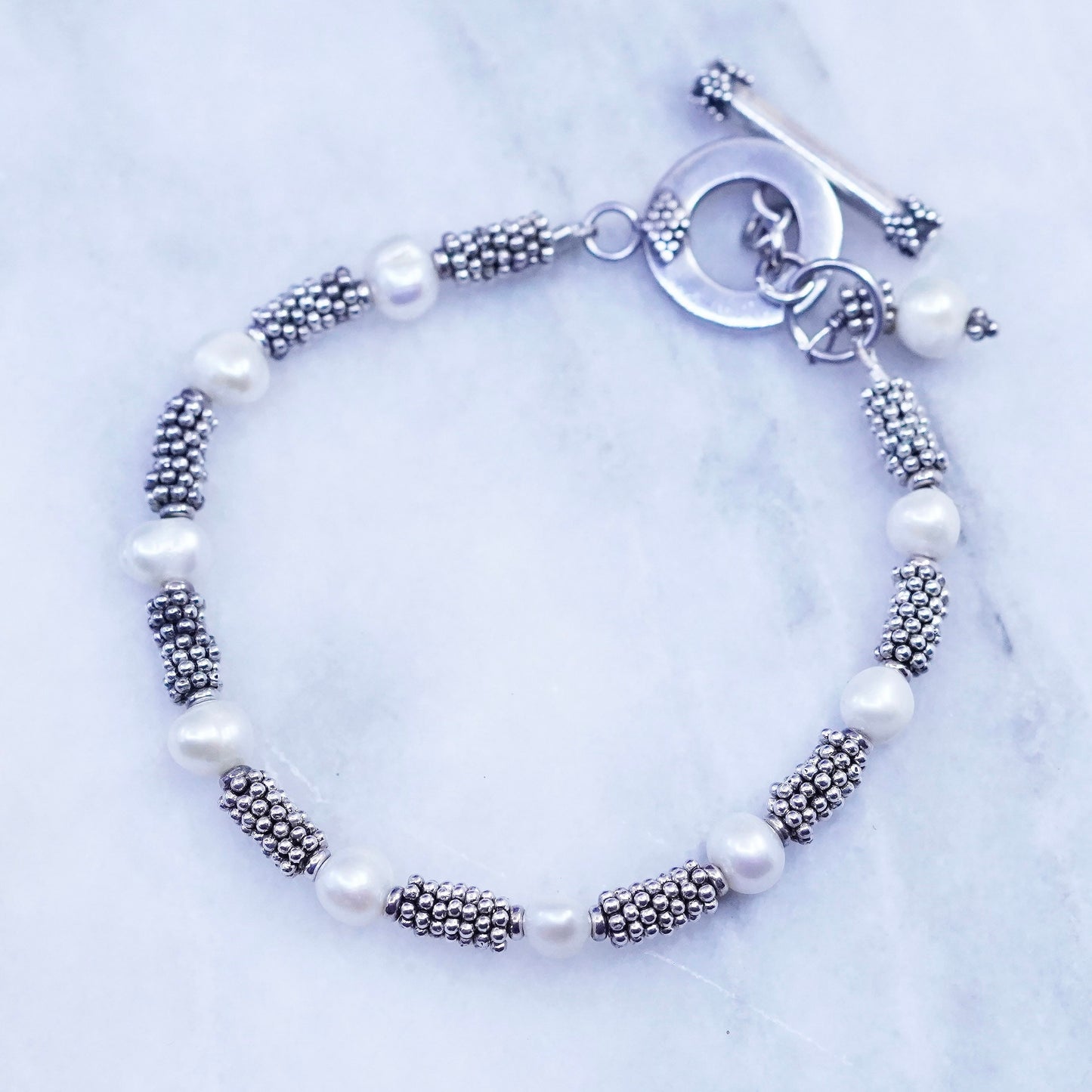7”, vintage Sterling 925 silver handmade bracelet with freshwater pearl beads