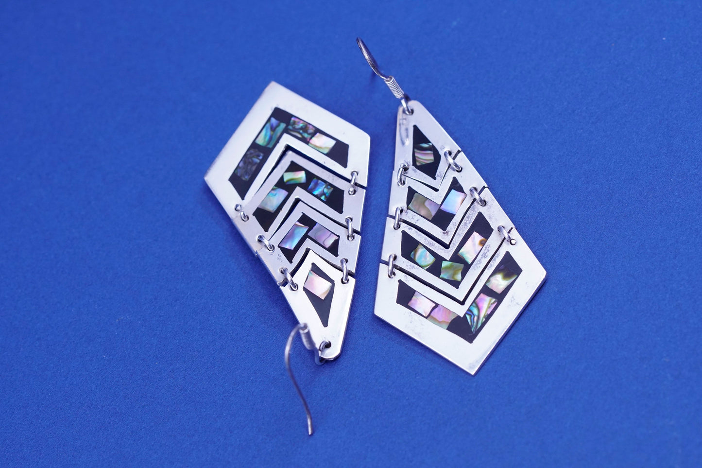 Vintage mexico Sterling 925 silver handmade teardrop earrings enamel abalone