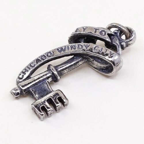 Vintage Sterling Silver Pendant, 925 silver Key Chicago Windy City Cahrm