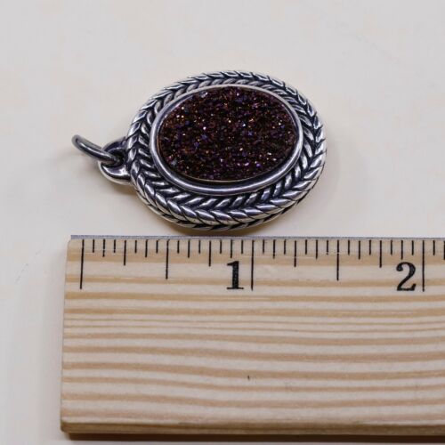 Vintage TH Sterling Silver Handmade Pendant, 925 Silver W/ Oval Agate Druzy