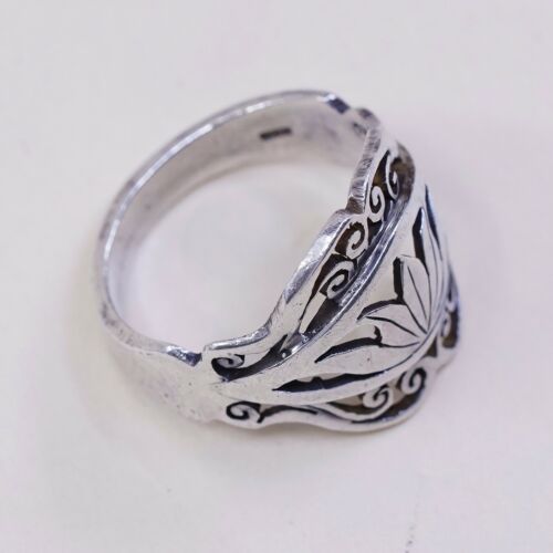 Sz 7.5, Vtg 925 Sterling Silver Handmade Band Ring Filigree Leaves, Stamped 925