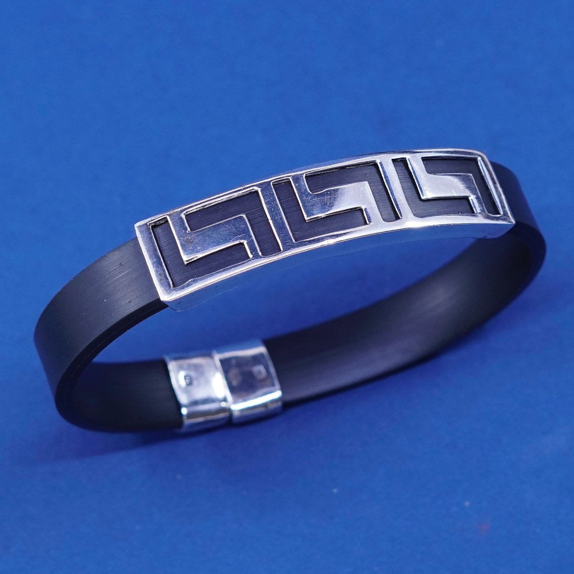 6.75”, vtg Sterling silver handmade bracelet, 925 Greek key bar w/ rubber band